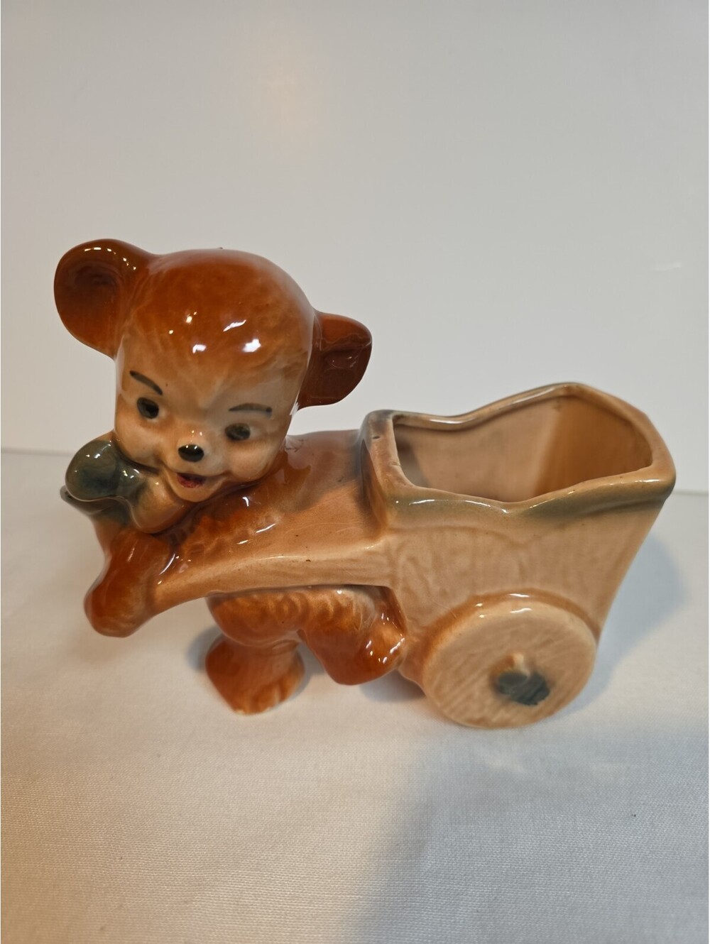 Mid Century Ceramic Teddy Bear with Wheelbarrow Planter Vintage 1950s Kitsch